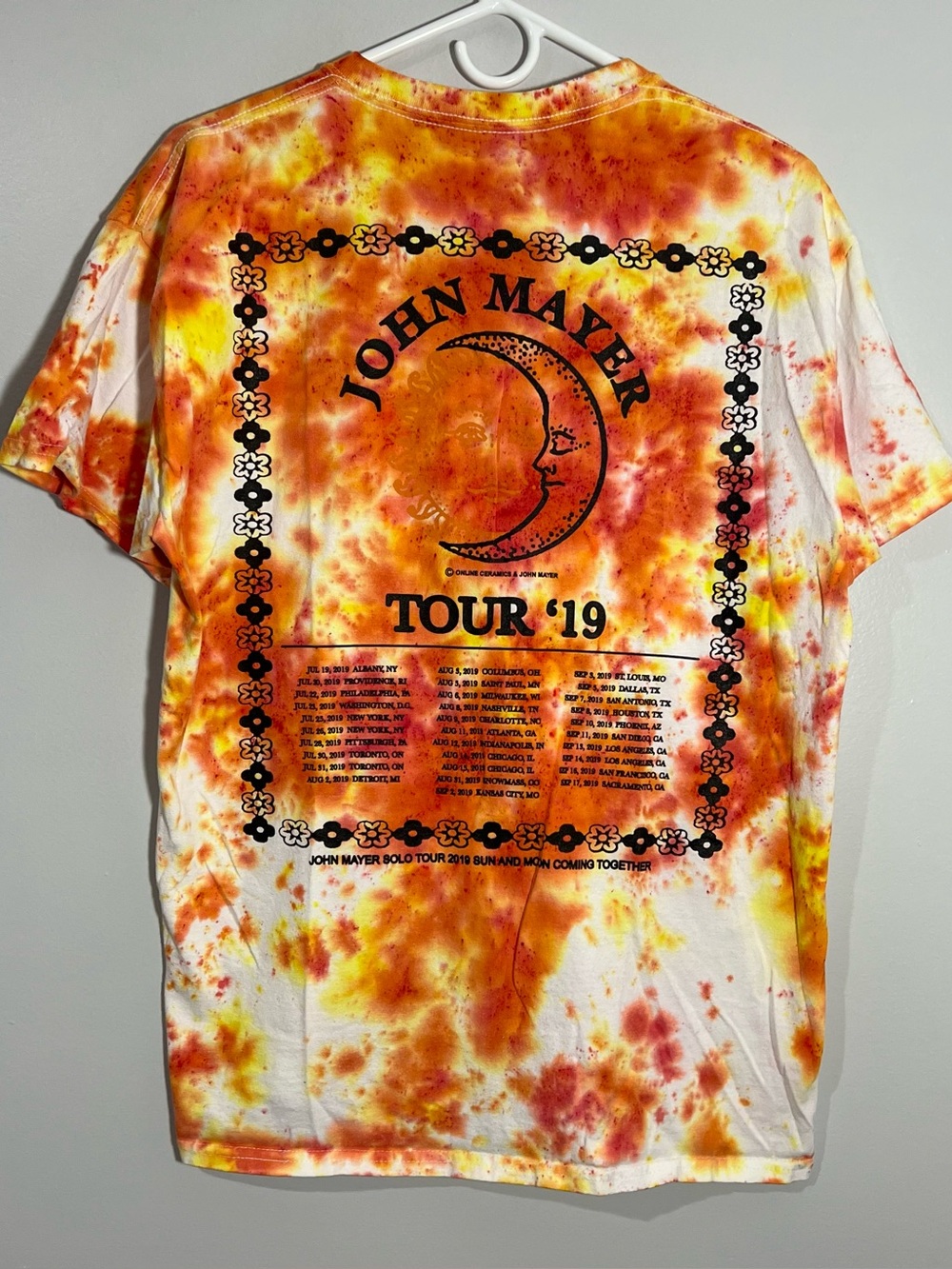 John Mayer 2019 Sun Moon Tour Orange Tie Dye Short Sleeve T-Shirt Adult Medium